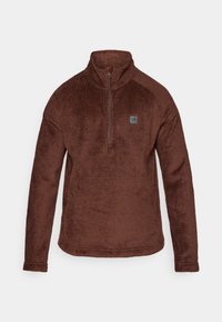 Brauner Fleece-Pullover mit Viertelreißverschluss, strukturiertem Rippdesign, langen Ärmeln und einem Logo-Patch auf der Brust. weiches, warmes Material.