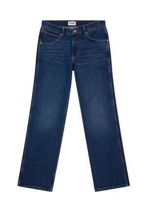 Tumesinised sirge säärega teksapüksid esitaskute, vööaasa, nööpidega kinnituse ja Wrangleri sildiga sisemise vöökohal.