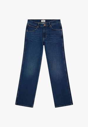 Tumesinised sirge säärega teksapüksid esitaskute, vööaasa, nööpidega kinnituse ja Wrangleri sildiga sisemise vöökohal.