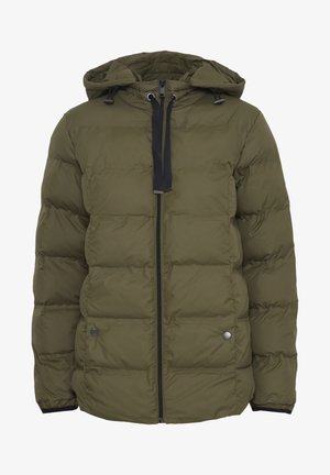 Doudoune vert olive avec capuche, dotée d'une fermeture éclair à l'avant, d'accents noirs et de détails à boutons-pression. Fabriquée en matériau matelassé et isolant.