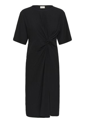 Crna haljina s kratkim rukavima, detaljem twist na struku, bočnim prorezom i teksturiranim materijalom. Okrugli izrez i dizajn do koljena.
