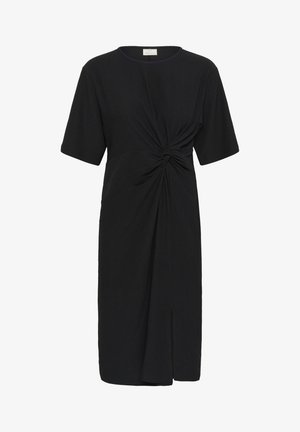 Mustmustik kleit lühikeste varrukatega, keeratud detailiga vöökohal, külgaukuga ja struktureeritud materjaliga. Ümmargune kaelus ja põlvekõrgune disain.