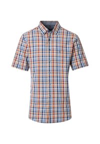 Short-sleeved plaid shirt features blue, orange, and white patterns, button closure, and a pocket on the left chest. Cotton material.