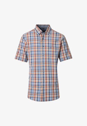 Kurzärmliges kariertes Hemd mit blauen, orangefarbenen und weißen Mustern, Knopfverschluss und einer Tasche auf der linken Brust. Aus Baumwollmaterial.