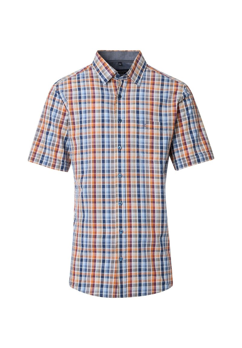 Short-sleeved plaid shirt features blue, orange, and white patterns, button closure, and a pocket on the left chest. Cotton material.