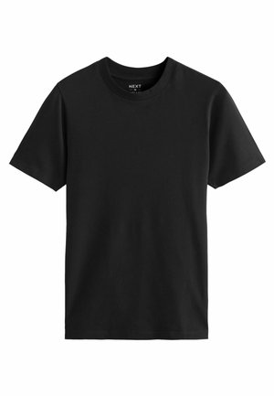 Black short-sleeve crewneck t-shirt made of cotton. Smooth texture with a straight cut, featuring a simple design and no visible patterns or accents.