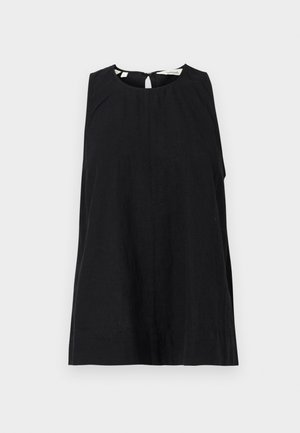 Haut sans manches noir au fit décontracté, avec un col rond, une ouverture en forme de clé dans le dos et un tissu lisse et léger.