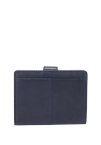 Marineblauwe leren portemonnee met een gladde textuur, voorzien van een eenvoudige rechthoekige vorm en subtiele stikdetails langs de randen.