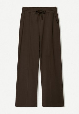Brown wide-leg pants made of soft material, featuring an elastic waistband with a drawstring, two side pockets, and a smooth texture.