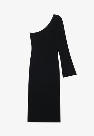 Zwarte geribbelde gebreide jurk met een asymmetrische halslijn en een klokmouw, met een nauwsluitende, knielange pasvorm.