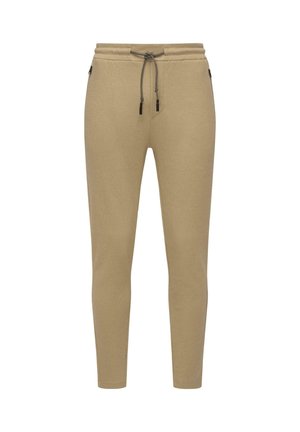 Beige joggerbukser lavet af tekstureret stof, med en elastisk talje med snor, indsnævrede ben og sidelommer med lynlås.
