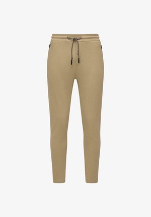 Beige jogger pants made of textured fabric, featuring an elastic waistband with a drawstring, tapered legs, and side zip pockets.