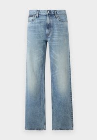 Ανοιχτό μπλε τζιν παντελόνι με ίσια γραμμή και ψηλή μέση, πέντε τσέπες, κούμπωμα με κουμπί και διακριτικό ξεθώριασμα στους μηρούς και τα γόνατα.