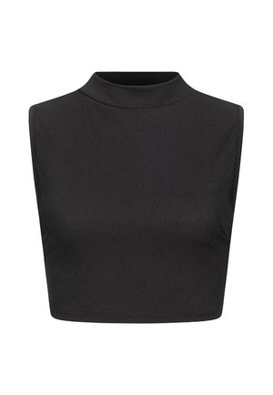 Mustast ribaga seelikujalgadega varrukateta kroptopp kõrge kaelusega ja istuva lõikega.