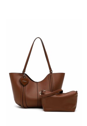 Brown leather tote bag with long handles and heart-shaped tag, accompanied by matching small zippered pouch with detachable strap.