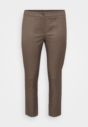 Brune skreddersydde bukser, laget av teksturert stoff, med knappelukking og en slim fit-design med rette ben og uten synlige lommer.