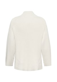 Pull en maille couleur crème avec des manches longues et une texture côtelée, vu de dos sur un fond blanc.