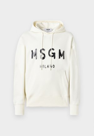 Sweatshirt à capuche blanche avec poche kangourou à l'avant, texte noir "MSGM MILANO" sur la poitrine et cordons de serrage au niveau du cou.
