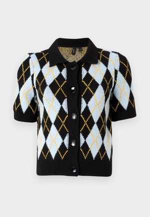 Black short-sleeve cardigan with a collared neckline, featuring a diamond pattern in light blue, black, and yellow. Five black buttons.