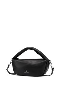 Borsa nera in pelle morbida con un design arrotondato, dotata di manico imbottito e tracolla regolabile. Dettagli in metallo argentato e logo.