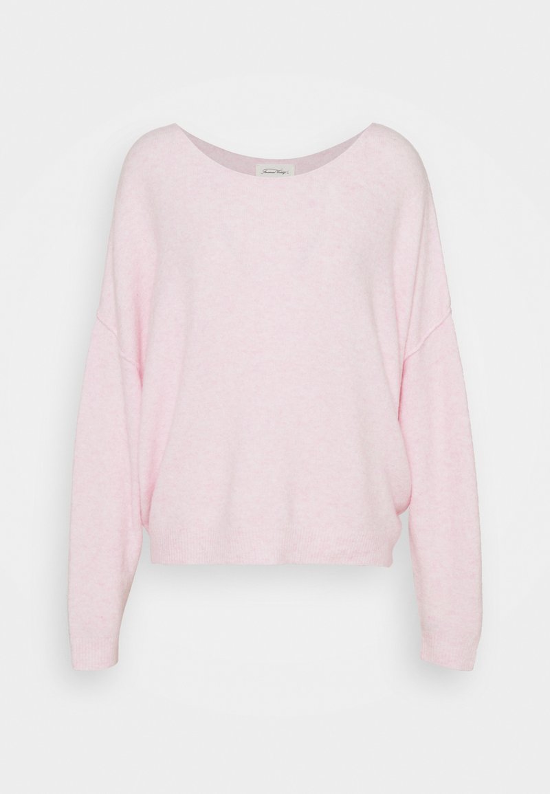 Kerge roosa kootud kampsun, mis on vabalt istuv, laia kaelusega ja pikkade varrukatega. Omab pehmet tekstuuri ja soonikkoes ääre.