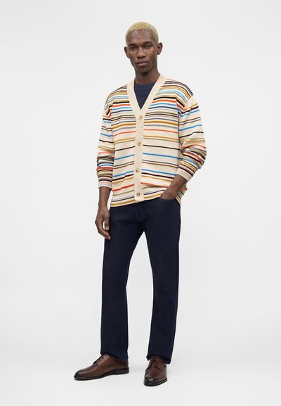Άνδρας με κοντά ξανθά μαλλιά που φοράει μια κρεμ ζακέτα με πολύχρωμες οριζόντιες ρίγες, σκούρα παντελόνια και καφέ δερμάτινα παπούτσια, στέκεται με το ένα χέρι στην τσέπη.