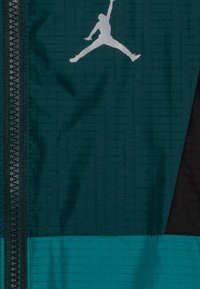 Teal og sort hættejakke med lynlås og en tekstureret mønster. Har et hvidt Jumpman-logo, der fremhæver et sporty design.