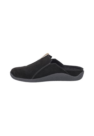 Black suede slip-on shoe with a low profile, rounded toe, subtle stitching details, and a textured rubber sole. No heel.