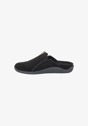 Black suede slip-on shoe with a low profile, rounded toe, subtle stitching details, and a textured rubber sole. No heel.