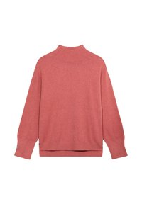 Maglione girocollo rosa con vestibilità rilassata, struttura a maglia, spalle scese e dettagli a costine sul colletto e sull'orlo.