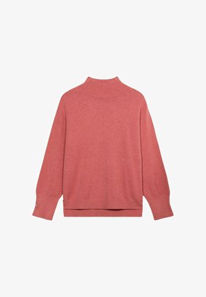 Roze coltrui met een relaxte pasvorm, gebreide textuur, verlaagde schouders en geribbelde accenten bij de kraag en onderkant.