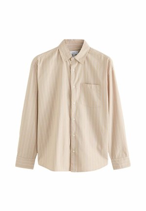 Long-sleeve, light beige shirt with vertical stripes in pastel colors, a button-down collar, and a single chest pocket. Cotton material.