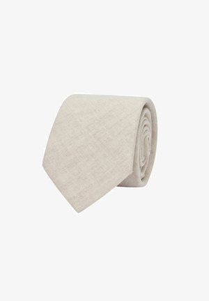 Ljusbeige slips i strukturerad tyg, med standardbredd och spetsig ände, prydligt rullad för visning.