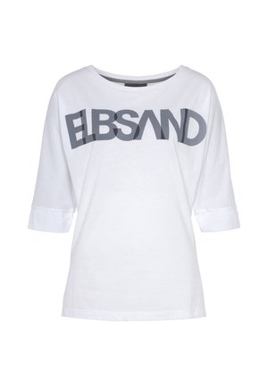 Weißes Baumwoll-T-Shirt mit lockerem Schnitt, Raglanärmeln und einem grauen Grafikdruck des Wortes "ELBSAND" auf der Vorderseite.