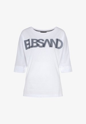 White cotton t-shirt with a loose fit, raglan sleeves, and a gray graphic print of the word "ELBSAND" across the front.