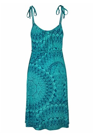 Turkusowa sukienka na ramiączkach z cienkimi paskami, z wyrafinowanym, okrągłym wzorem paisley oraz zwiewnym krojem. Lekka tkanina, casualowy design.