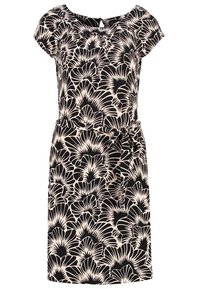 Robe à motif floral noir et beige avec des manches courtes, un encolure dégagée et une ceinture à nouer à la taille. Tissu doux, design longueur genou.
