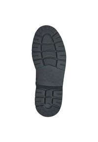 Suola di scarpa in gomma nera con un motivo di battistrada testurizzato, caratterizzata da scanalature per la trazione e un emblema circolare al centro.