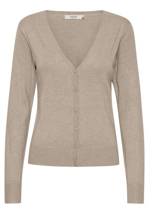 Bež kardigan s dugim rukavima, V izrezom i zatvaranjem na šest gumba. Napravljen od glatke pletene tkanine, s rebrastim rubovima i hemom.