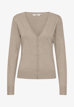 Bež kardigan s dugim rukavima, V izrezom i zatvaranjem na šest gumba. Napravljen od glatke pletene tkanine, s rebrastim rubovima i hemom.