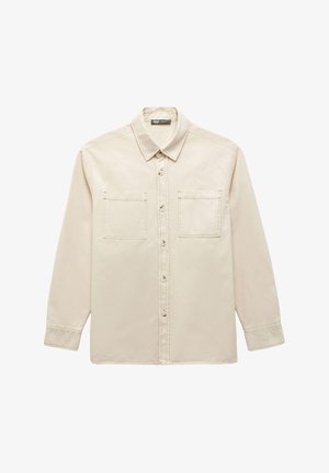 Camicia beige a maniche lunghe con colletto, chiusura frontale con bottoni e due tasche sul petto. Realizzata in un tessuto liscio e leggero.