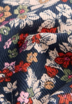 Floral patterned fabric with a dark blue base, featuring red, pink, and green flowers. Soft ribbed texture and lightweight material.