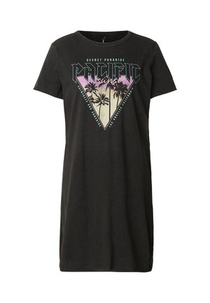 Robe t-shirt noire à manches courtes avec le texte "Pacific sunset", un graphisme de palmier, et les phrases "Secret Paradise" et "Los Angeles California".