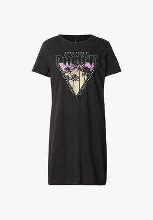 Robe t-shirt noire à manches courtes avec le texte "Pacific sunset", un graphisme de palmier, et les phrases "Secret Paradise" et "Los Angeles California".