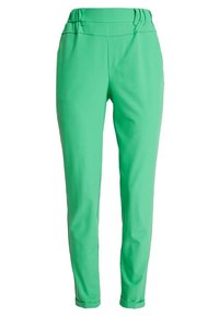 Groene, aansluitende broek met een hoge tailleband, een gladde textuur, taps toelopende pijpen en zonder zichtbare sluitingen of zakken.