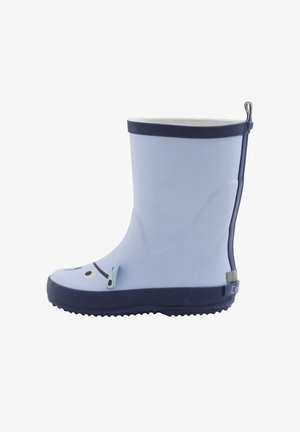 Stivale da pioggia in gomma azzurro chiaro con dettagli blu navy, punta arrotondata, design con faccina sorridente, suola testurizzata e linguetta posteriore per indossarlo facilmente.