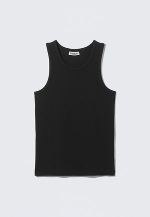 Débardeur noir en coton avec un col rond et de larges emmanchures, texture lisse, et une étiquette avec la marque "WEEKDAY."