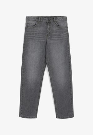 Jeans in denim grigio con un design a gamba dritta, dotati di chiusura a zip, cinque tasche e leggera scoloritura sulla superficie del tessuto.