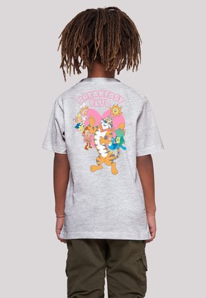 Graues T-Shirt mit einem bunten Grafikdesign auf der Rückseite, das Cartoontiere, den Text "Breakfast Club" und eine Herzform zeigt. Lässiger Schnitt.