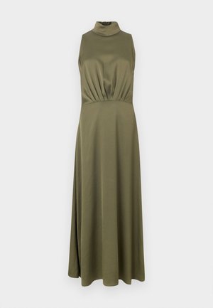 Oliivinvihreä pitkä mekko, jossa korkea kaulus, hihaton malli ja kerrostettu vyötärön yksityiskohta, valmistettu sileästä, joustavasta kankaasta.